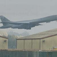 A B-1 bomber takes off from RAF Fairford in Fairford, England, September 29, 2026. (AP/Alastair Grant)
