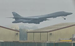 A B-1 bomber takes off from RAF Fairford in Fairford, England, September 29, 2026. (AP/Alastair Grant)