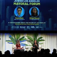 Los Angeles mayoral candidate Nithya Raman, right, speaks as she is joined by moderator Alex Cohen during the Jewish Los Angeles Mayoral Forum at Skirball Cultural Center in Los Angeles, September 29, 2026. (AP Photo/Jae C. Hong)