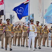 Egyptian soldiers take part in a military parade marking the 66th anniversary of Cyprus’ independence from British colonial rule, in Nicosia, Cyprus, October 1, 2026. (AP Photo/Petros Karadjias)