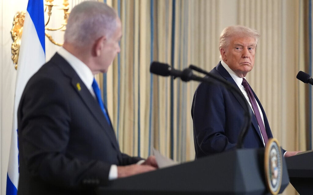 US President Donald Trump, right, listens during a news conference with Israeli Prime Minister Benjamin Netanyahu in the State Dining Room of the White House, September 29, 2025, in Washington. (AP Photo/Evan Vucci) US President Donald Trump, right, listens during a news conference with Israeli Prime Minister Benjamin Netanyahu in the State Dining Room of the White House, September 29, 2025, in Washington. (AP Photo/Evan Vucci)