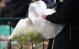 Tennis balls with stickers of the Palestine flag and the text, “#StopTheGame,” are removed from the field after being thrown by protesters during the UEFA Nations League, Group B3 match at the Aviva Stadium in Dublin, Ireland, on October 1, 2026. (Brian Lawless/PA via AP)