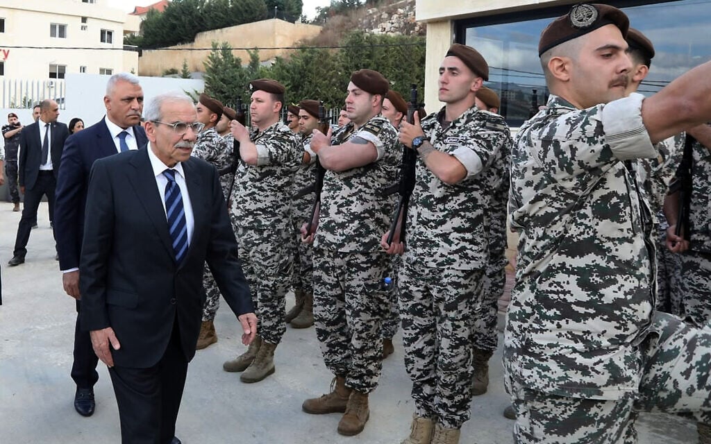 Lebanese Prime Minister Nawaf Salam, center, reviews the honor guard upon his arrival at the Lebanese General Security base in the town of Nabatieh, southern Lebanon, October 2, 2026. (Lebanese Government press office via AP) Lebanese Prime Minister Nawaf Salam, center, reviews the honor guard upon his arrival at the Lebanese General Security base in the town of Nabatieh, southern Lebanon, October 2, 2026. (Lebanese Government press office via AP)