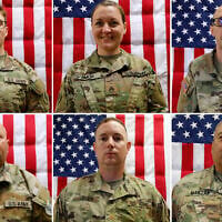 This combination of photos released by the US Army taken on May 16, 2025, shows from top left, Sgt. Declan Coady, Master Sgt. Nicole Amor, Maj. Cody Khork, Master Sgt. Noah Tietjens, Maj. Jeffrey O’Brien and Chief Warrant Officer 3 Robert Marzan, after they were killed in an Iranian drone strike on Port Shuaiba in Kuwait on March 1, 2026. (US Army via AP)