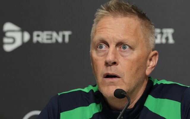 Ireland’s head coach Heimir Hallgrimsson speaks during a press conference ahead of the Nations League soccer match between Republic of Ireland and Israel in Backa Topola, Serbia, October 3, 2026. (AP Photo/Darko Vojinovic)