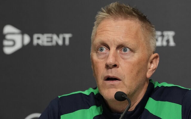 Ireland’s head coach Heimir Hallgrimsson speaks during a press conference ahead of the Nations League soccer match between Republic of Ireland and Israel in Backa Topola, Serbia, October 3, 2026. (AP Photo/Darko Vojinovic)
