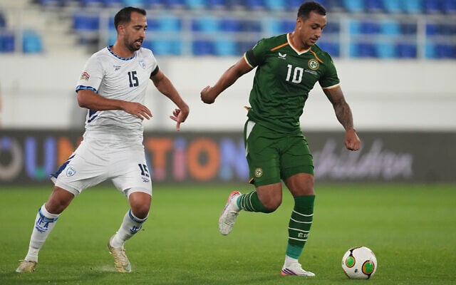 Israel’s Eliel Peretz guards Ireland’s Adam Idah during the UEFA Nations League soccer match between the Republic of Ireland and Israel in Backa Topola, Serbia, October 4, 2026. (AP/Darko Vojinovic) Israel’s Eliel Peretz guards Ireland’s Adam Idah during the UEFA Nations League soccer match between the Republic of Ireland and Israel in Backa Topola, Serbia, October 4, 2026. (AP/Darko Vojinovic)