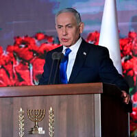 Prime Minister Benjamin Netanyahu speaks during a state memorial ceremony for the October 7, 2023, attack, at the Mount Herzl cemetery, Jerusalem, on October 5, 2026. (Debbie Hill/Pool Photo via AP)