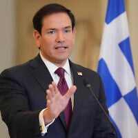 US Secretary of State Marco Rubio speaks during a joint press conference with Greek Foreign Minister George Gerapetritis (not pictured) at the Ministry of Foreign Affairs, October 7, 2026, in Athens, Greece. (AP Photo/Mark Schiefelbein, Pool)