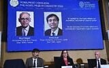 Portraits of Henri Kagan and Kenso Soai are shown on the screen as they are awarded the 2026 Nobel Prize in Chemistry, at the Royal Swedish Academy of Sciences in Stockholm, Sweden, on October 7, 2026. (Fredrik Sandberg/TT News Agency via AP)