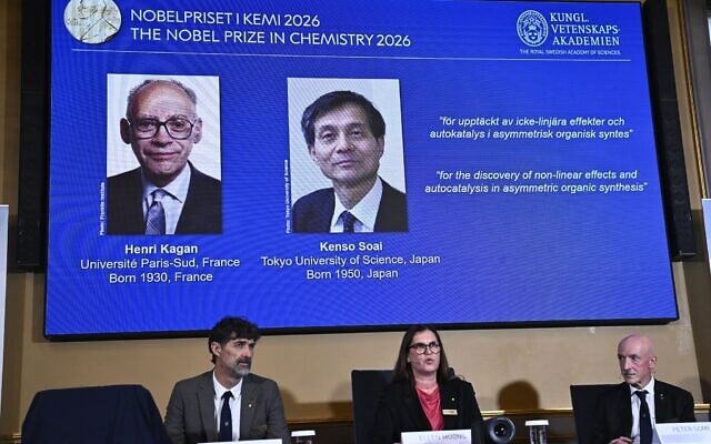 Portraits of Henri Kagan and Kenso Soai are shown on the screen as they are awarded the 2026 Nobel Prize in Chemistry, at the Royal Swedish Academy of Sciences in Stockholm, Sweden, on October 7, 2026. (Fredrik Sandberg/TT News Agency via AP) Portraits of Henri Kagan and Kenso Soai are shown on the screen as they are awarded the 2026 Nobel Prize in Chemistry, at the Royal Swedish Academy of Sciences in Stockholm, Sweden, on October 7, 2026. (Fredrik Sandberg/TT News Agency via AP)