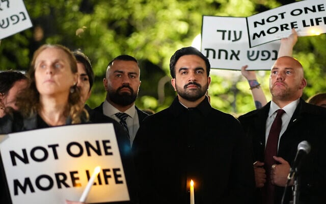 New York City Mayor Zohran Mamdani attends a coexistence vigil marking the third anniversary of the October 7 massacre, October 7, 2026, in New York. (AP Photo/Frank Franklin II)
