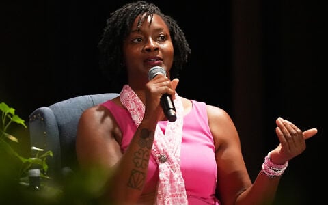 Democratic candidate for US Senate Angie Nixon speaks on stage during a fireside chat at Florida Memorial University, October 8, 2026, in Miami Gardens, Florida. (AP Photo/Lynne Sladky)