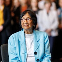 South African-born jurist and former UN human rights chief Navanethem 'Navi' Pillay, sits at the Nuremberg Forum in Nuremberg, Germany, October 9, 2026, following the announcement that she had been awarded the 2026 Nobel Peace Prize. (Daniel Karmann/dpa via AP)