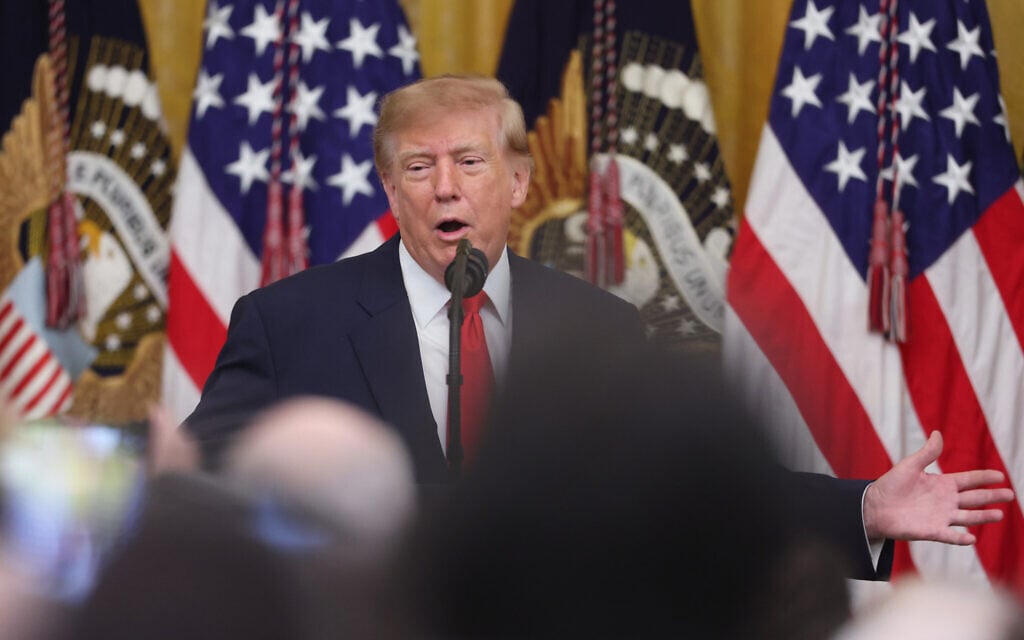 US President Donald Trump speaks during a Columbus Day celebration in the East Room of the White House, October 9, 2026, in Washington. (AP/Tom Brenner) US President Donald Trump speaks during a Columbus Day celebration in the East Room of the White House, October 9, 2026, in Washington. (AP/Tom Brenner)