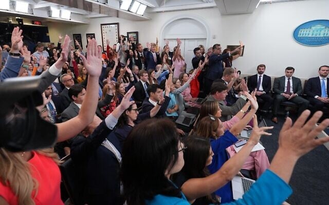 Reporters raise hands to ask a question in the James Brady Press Briefing Room at the White House, September 3, 2026, in Washington. (AP Photo/Alex Brandon) Reporters raise hands to ask a question in the James Brady Press Briefing Room at the White House, September 3, 2026, in Washington. (AP Photo/Alex Brandon)