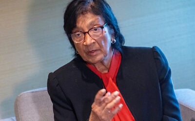 Former ICC judge Navi Pillay, who was awarded the 2026 Nobel Peace Prize, poses for a photograph in The Hague, Netherlands, October 12, 2026. (AP Photo/Patrick Post)