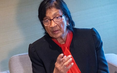 Former ICC judge Navi Pillay, who was awarded the 2026 Nobel Peace Prize, poses for a photograph in The Hague, Netherlands, October 12, 2026. (AP Photo/Patrick Post)