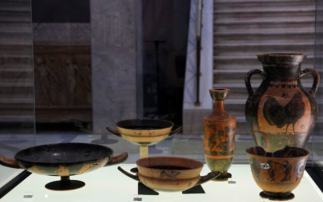 Greek antiquities dating to the 6th and 5th centuries BCE are displayed during a repatriation ceremony at the National Archaeological Museum in Athens, Greece, October 13, 2026, after 22 artifacts illegally removed from Greece were returned by Israel. (AP Photo/Thanassis Stavrakis) Greek antiquities dating to the 6th and 5th centuries BCE are displayed during a repatriation ceremony at the National Archaeological Museum in Athens, Greece, October 13, 2026, after 22 artifacts illegally removed from Greece were returned by Israel. (AP Photo/Thanassis Stavrakis)