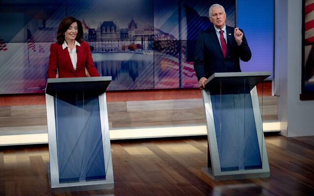 Governor Kathy Hochul and Republican challenger Bruce Blakeman face off in the only scheduled debate ahead of the November New York gubernatorial election on October 13, 2026, in New York. (Anna Connors/The New York Times via AP, Pool) Governor Kathy Hochul and Republican challenger Bruce Blakeman face off in the only scheduled debate ahead of the November New York gubernatorial election on October 13, 2026, in New York. (Anna Connors/The New York Times via AP, Pool)