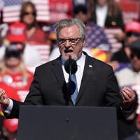 Nevada congressional candidate Marty O’Donnell speaks before President Donald Trump at a campaign rally at the Laughlin Bullhead International Airport, October 14, 2026, in Bullhead City, Arizona. (AP Photo/John Locher)
