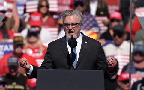 Nevada congressional candidate Marty O’Donnell speaks before President Donald Trump at a campaign rally at the Laughlin Bullhead International Airport, October 14, 2026, in Bullhead City, Arizona. (AP Photo/John Locher)