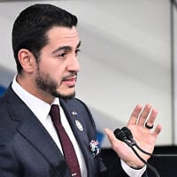 US Senate candidate Democrat Abdul El-Sayed speaks during the debate at WXYZ Channel 7 in Southfield, Michigan, on October 21, 2026. (Robin Buckson/Detroit News via AP)
