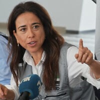 Minister of State of the United Arab Emirates Lana Nusseibeh speaks during a news conference ind Limassol, Cyprus, on November 7, 2025. (AP/Petros Karadjias)