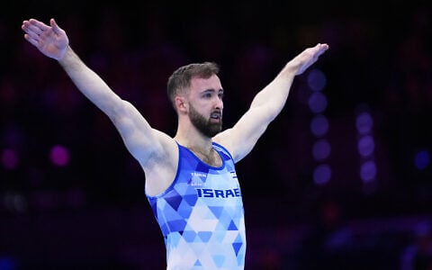 Artem Dolgopyat, of Israel, reacts after competing in the floor exercise during the apparatus finals at the Artistic Gymnastics World Championships in Rotterdam, the Netherlands, October 24, 2026. (AP Photo/Francisco Seco)