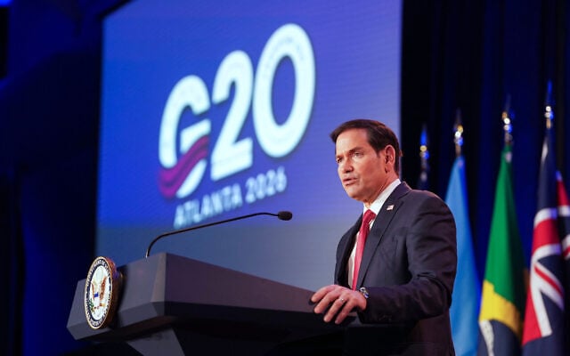 US Secretary of State Marco Rubio speaks during the G20 Foreign Ministers Meeting Welcome Reception at the Georgia Aquarium in Atlanta, October 30, 2026. (Megan Varner/Pool Photo via AP) US Secretary of State Marco Rubio speaks during the G20 Foreign Ministers Meeting Welcome Reception at the Georgia Aquarium in Atlanta, October 30, 2026. (Megan Varner/Pool Photo via AP)