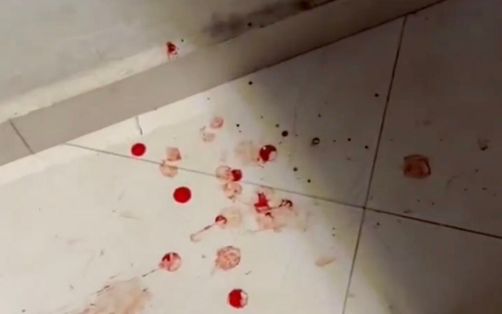 Screen capture from video purporting to show blood splattered on the floor of a home in the West Bank village of Talfit after an alleged settler attack, October 13, 2026. (X: used in accordance with Clause 27a of the Copyright Law)