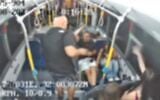 Screen capture from video of a teenage girl, bottom right, allegedly throwing socks at a Druze woman on a Dan bus, August 6, 2026. (Dan Bus Company:  used in accordance with Clause 27a of the Copyright Law)