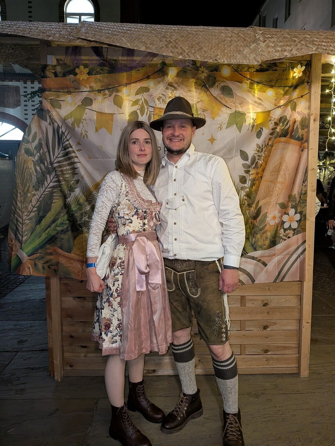 Chawa and David Perushev attend Sukkoberfest in Berlin, September 29, 2026. (Joshua Schultheis/Times of Israel)