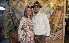 Chawa and David Perushev attend Sukkoberfest in Berlin, September 29, 2026. (Joshua Schultheis/Times of Israel)