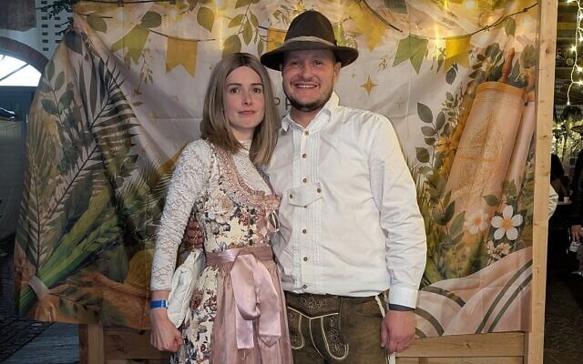 Chawa and David Perushev attend Sukkoberfest in Berlin, September 29, 2026. (Joshua Schultheis/Times of Israel)