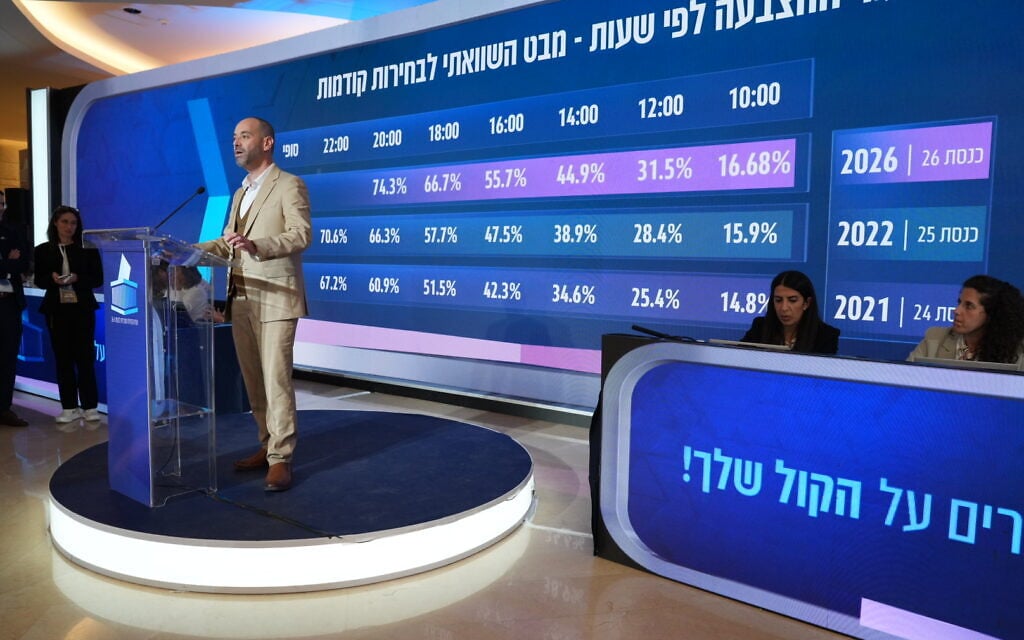 Dean Livne, acting director general of the Central Elections Committee, delivers an update on voter turnout as of 8 p.m. on Israel's election day, October 27, 2026. (Central Elections Committee) Dean Livne, acting director general of the Central Elections Committee, delivers an update on voter turnout as of 8 p.m. on Israel's election day, October 27, 2026. (Central Elections Committee)