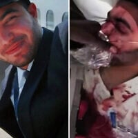 (Left) Hamam al-Hammami, the copilot who tried to bring down a flydubai flight to Israel in a terror attack on September 30, 2026, seen in an undated image from his recently deleted LinkedIn profile; (right) al-Hammami seen after he was subdued and bound on the plane. (Channel 12 screenshot)