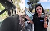 People of Israel Knesset candidate Fleur Hassan-Nahoum seen shortly after the car she was traveling in was attacked near the Palestinian village of Turmus Ayya in the central West Bank on October 19, 2026. (Screen captures: X, used in accordance with Clause 27a of the Copyright Law)