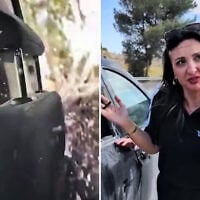 People of Israel Knesset candidate Fleur Hassan-Nahoum seen shortly after the car she was traveling in was attacked near the Palestinian village of Turmus Ayya in the central West Bank on October 19, 2026. (Screen captures: X, used in accordance with Clause 27a of the Copyright Law)