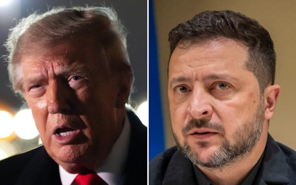 Left to Right: President Donald Trump speaks with reporters as he arrives on Air Force One, October 10, 2026, at Joint Base Andrews, Maryland. (AP Photo/ Alex Brandon); Ukrainian President Volodymyr Zelenskyy speaks to the media after a German-Ukrainian business forum in Kyiv, Ukraine, October 4, 2026. (AP Photo/Dan Bashakov)