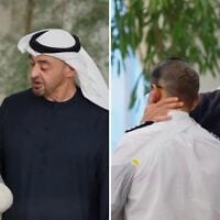 UAE President Sheikh Mohamed bin Zayed Al-Nahyan embraces flydubai pilot Smit Machchhar, during a reception for him and other crew members of Flight 1073 in Abu Dhabi on October 27, 2026. (Screenshots via X)
