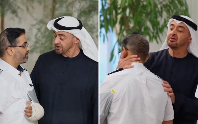 UAE President Sheikh Mohamed bin Zayed Al-Nahyan embraces flydubai pilot Smit Machchhar, during a reception for him and other crew members of Flight 1073 in Abu Dhabi on October 27, 2026. (Screenshots via X)