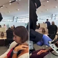 Screen captures from video of a Saudi Arabian medic attending an Israeli woman at Tabuk airport after a flight was diverted to the kingdom following an alleged attempt to deliberately crash the plane, September 30, 2026. (X: used in accordance with Clause 27a of the Copyright Law)