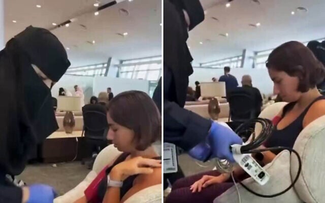 Screen captures from video of a Saudi Arabian medic attending an Israeli woman at Tabuk airport after a flight was diverted to the kingdom following an alleged attempt to deliberately crash the plane, September 30, 2026. (X: used in accordance with Clause 27a of the Copyright Law)