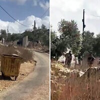 Screen capture from video of masked people throwing stones in the West Bank village of Yasuf, October 1, 2026. (X: Used in accordance with Clause 27a of the Copyright Law)