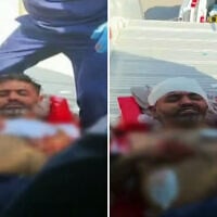 Wounded flydubai Flight 1073 Captain Smit Machchhar is taken off the plane after it made an emergency landing in Tabuk, northwetern Saudi Arabia, on September 30, 2026. (Channel 12 screenshot, from footage used in accordance with clause 27a of the copyright law)