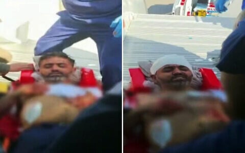 Wounded flydubai Flight 1073 Captain Smit Machchhar is taken off the plane after it made an emergency landing in Tabuk, northwetern Saudi Arabia, on September 30, 2026. (Channel 12 screenshot, from footage used in accordance with clause 27a of the copyright law)