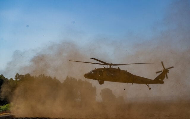 Illustrative: A helicopter evacuates wounded people in the Ramim Ridge area, near the Israeli border with Lebanon, September 19, 2024. (Ayal Margolin/Flash90)