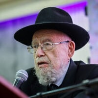 Rabbi Dov Lior attends a ceremony honoring late Jewish extremist leader Rabbi Meir Kahane in Jerusalem on November 19, 2024. (Chaim Goldberg/Flash90)