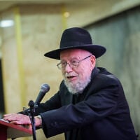 Rabbi Dov Lior attends a ceremony honoring late Jewish extremist leader Rabbi Meir Kahane in Jerusalem on November 19, 2024. (Chaim Goldberg/Flash90)